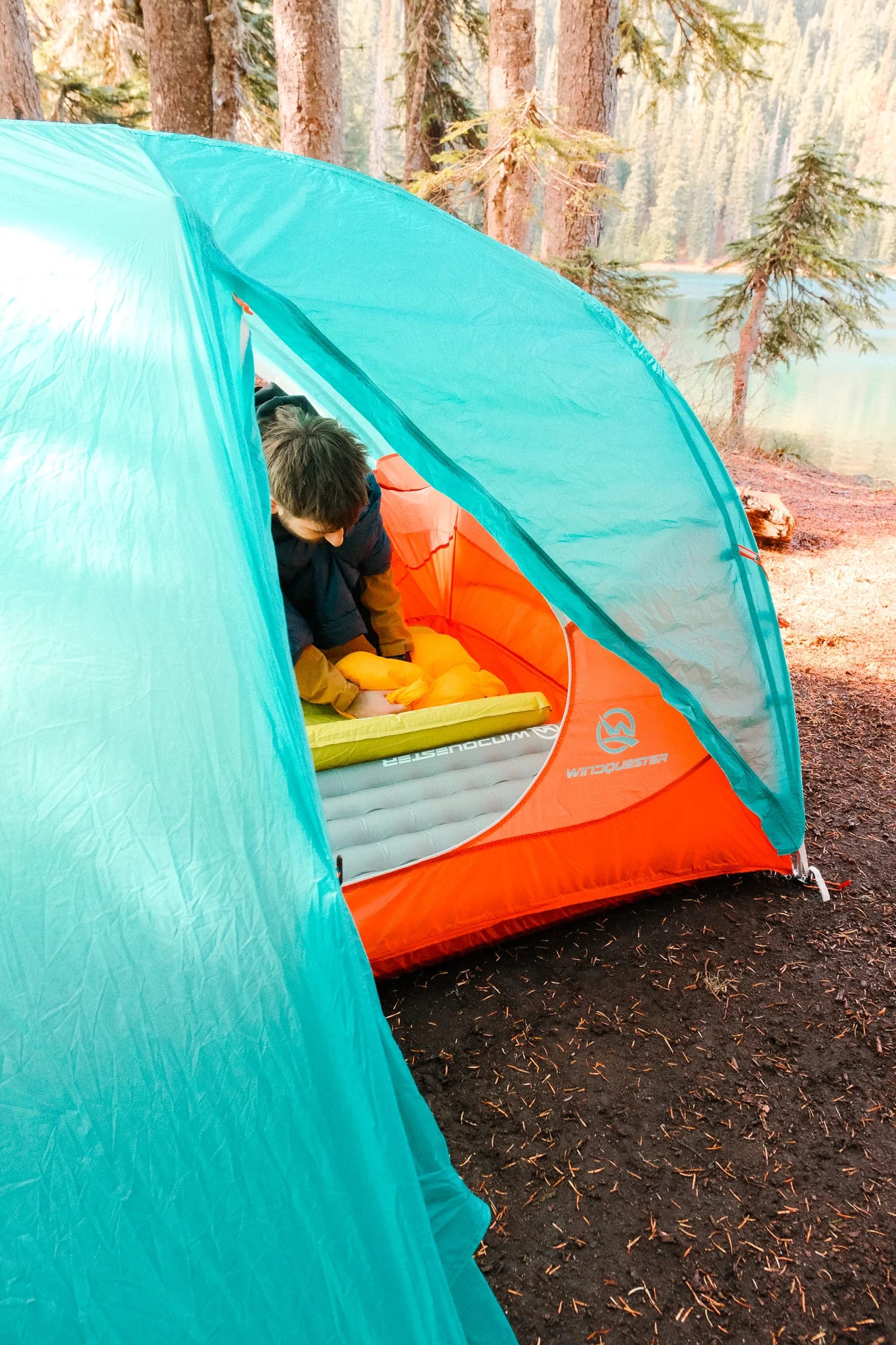 WindQuester tent with the sleeping pad visible through the open doorway