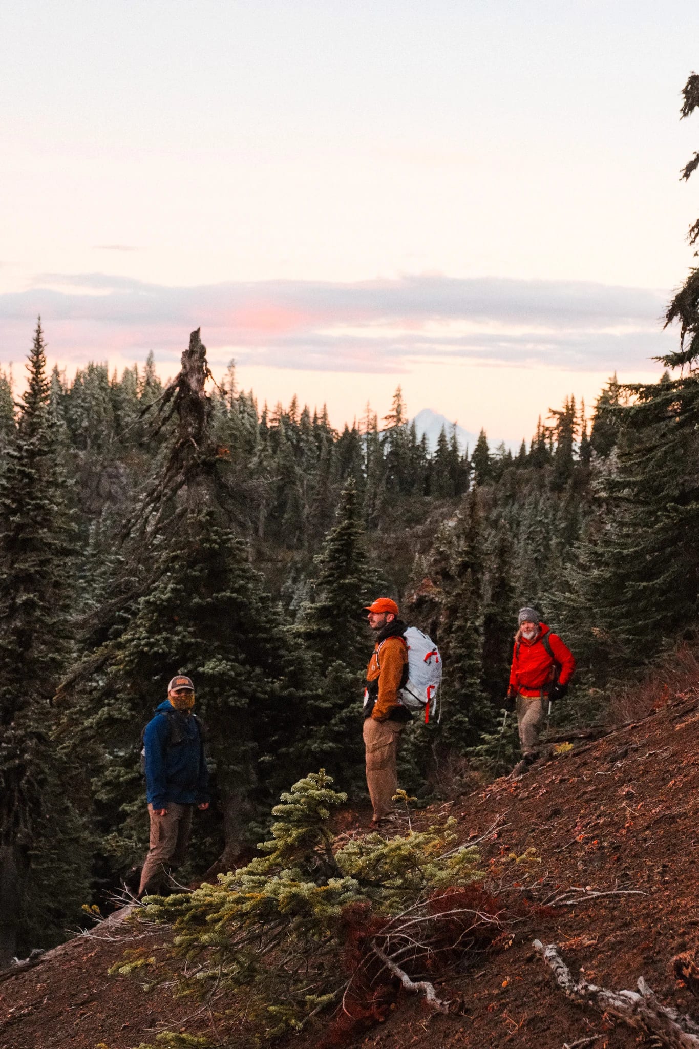 Hikers following a rocky trail through the mountain landscape