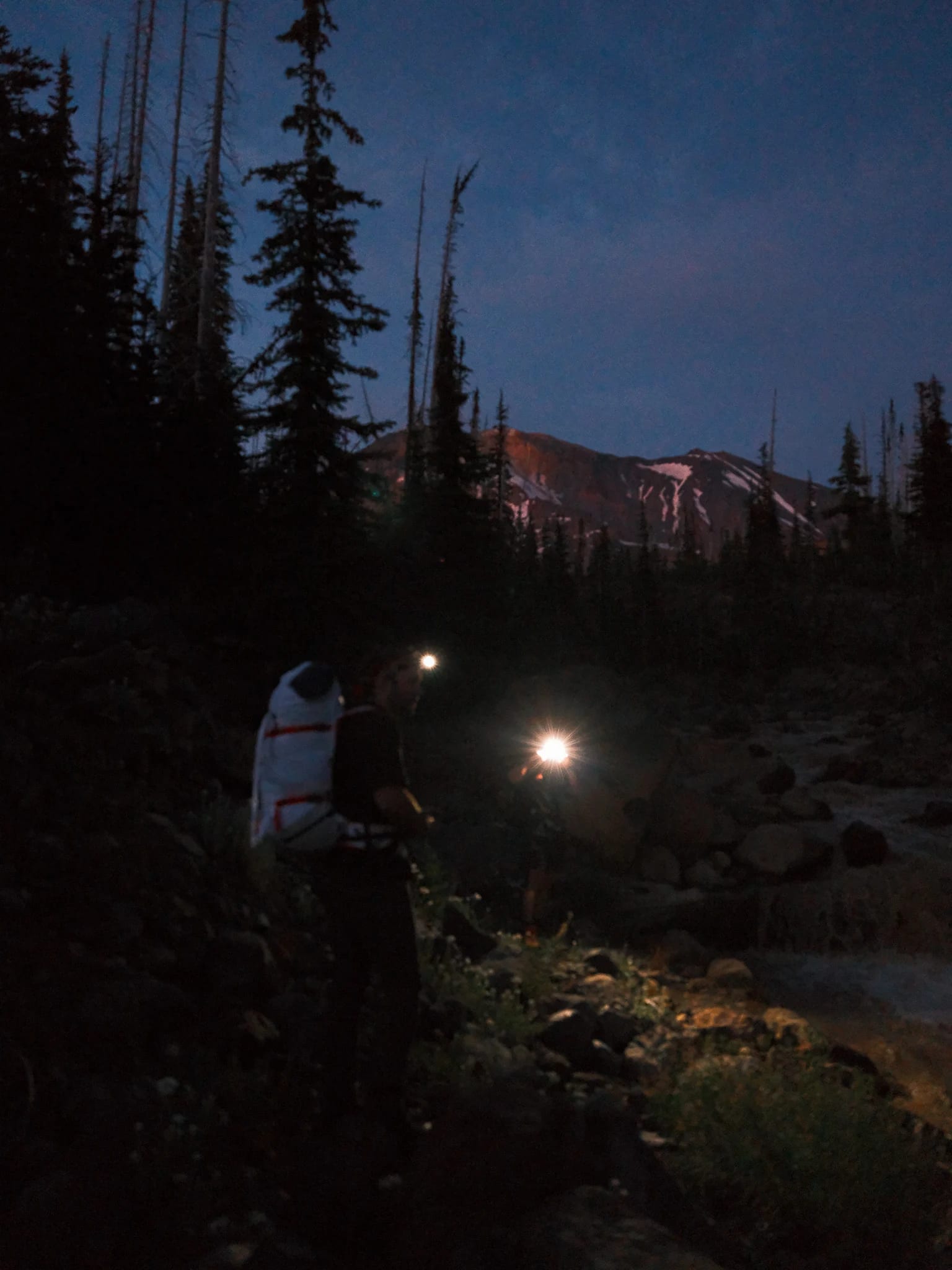 Hikers follow a trail with headlamps before sunrise.