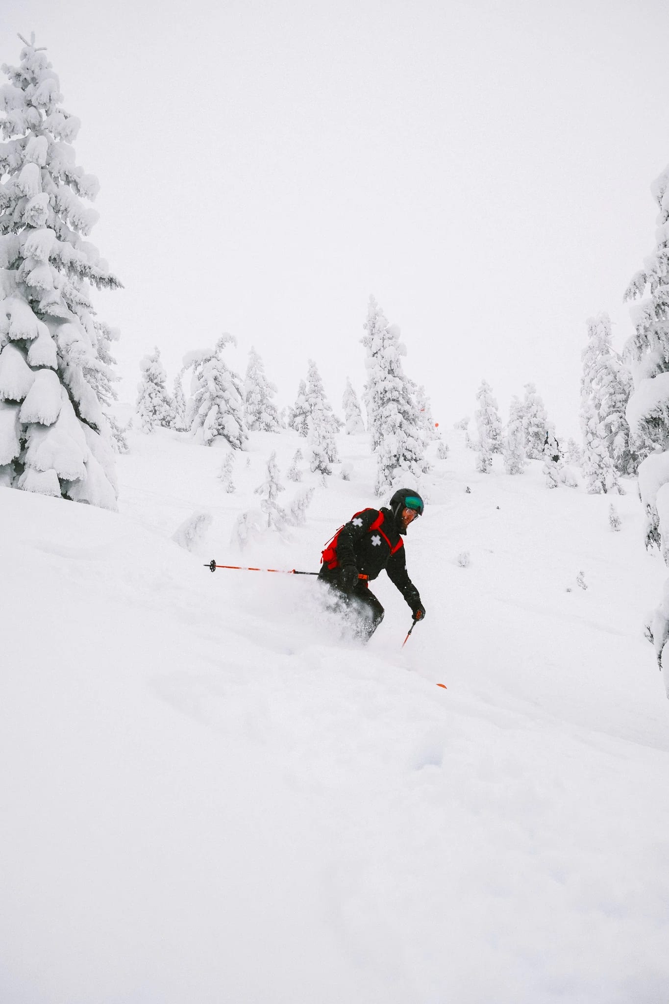 A skier carves through fresh powder.