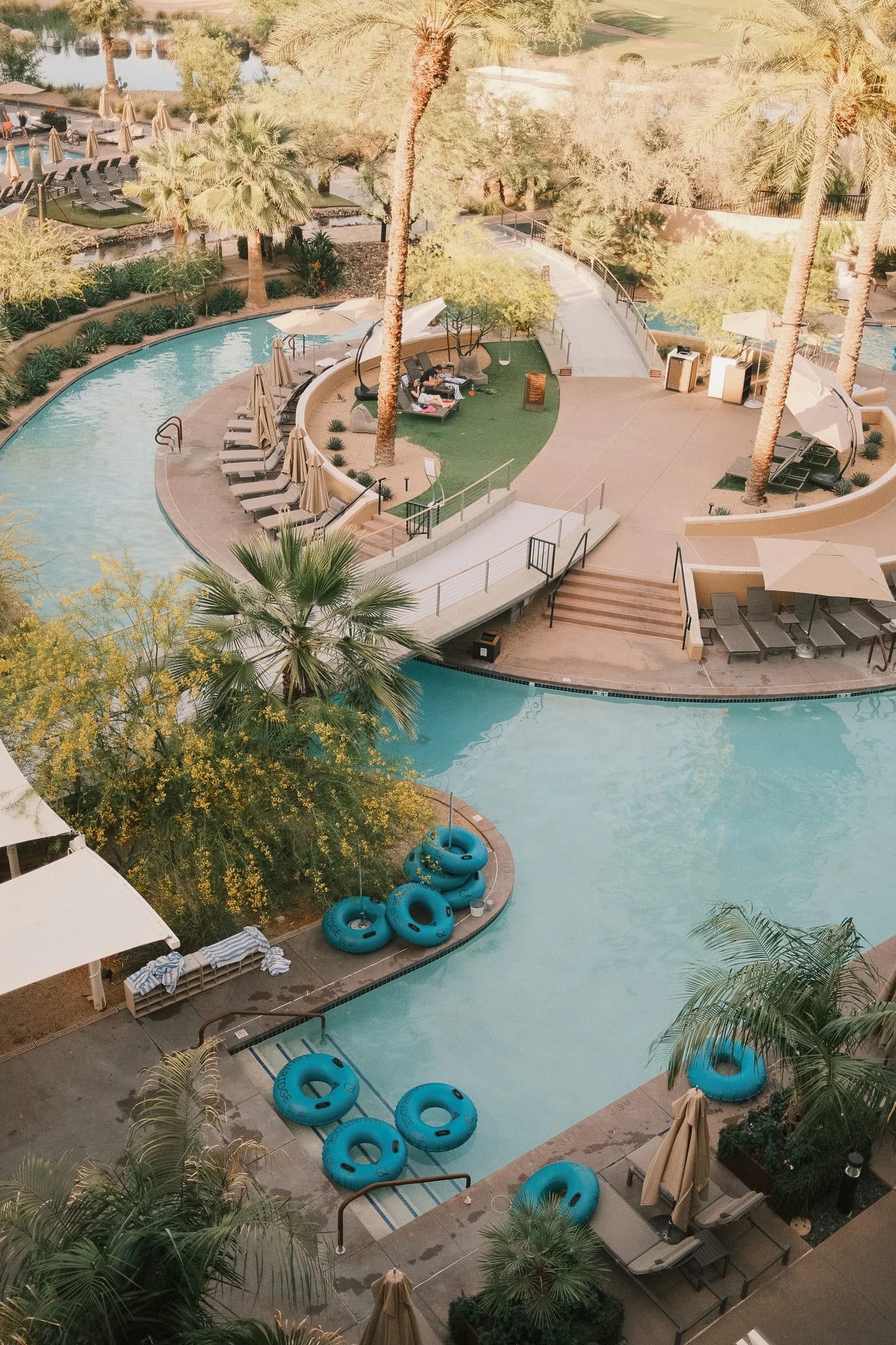 A lazy river winds around a palm-lined island.