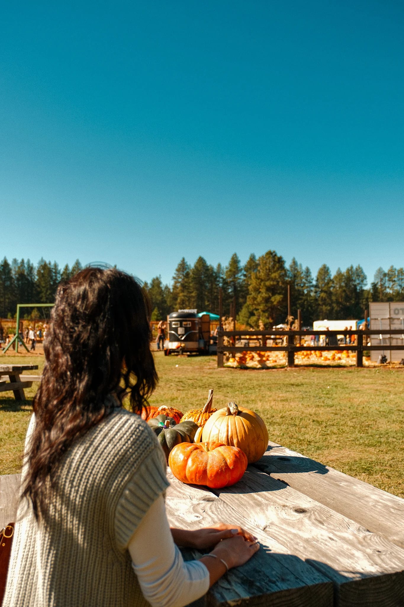 Guest seated with a pumpkin at the harvest festival