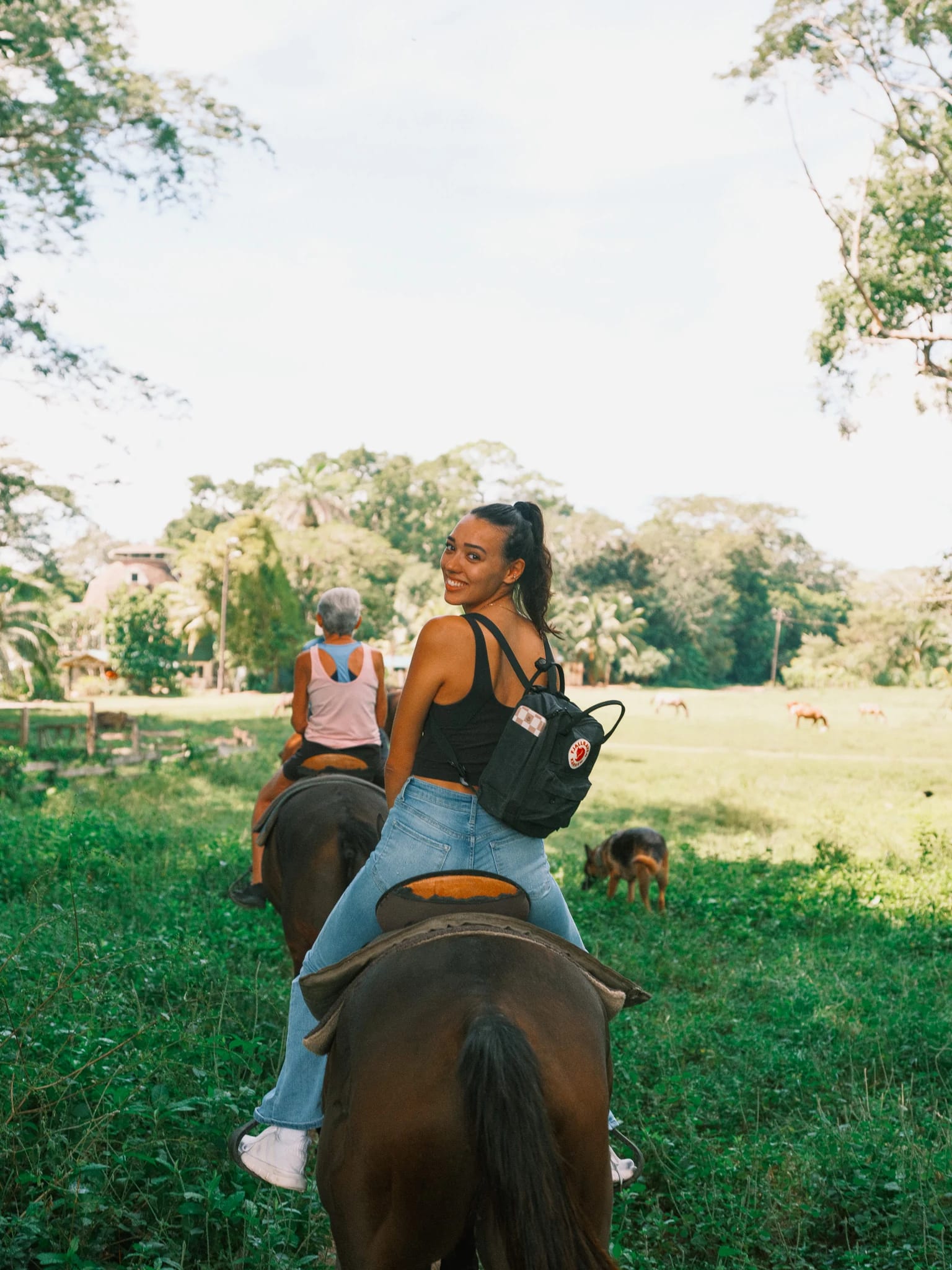 A rider follows a sunny trail on horseback.