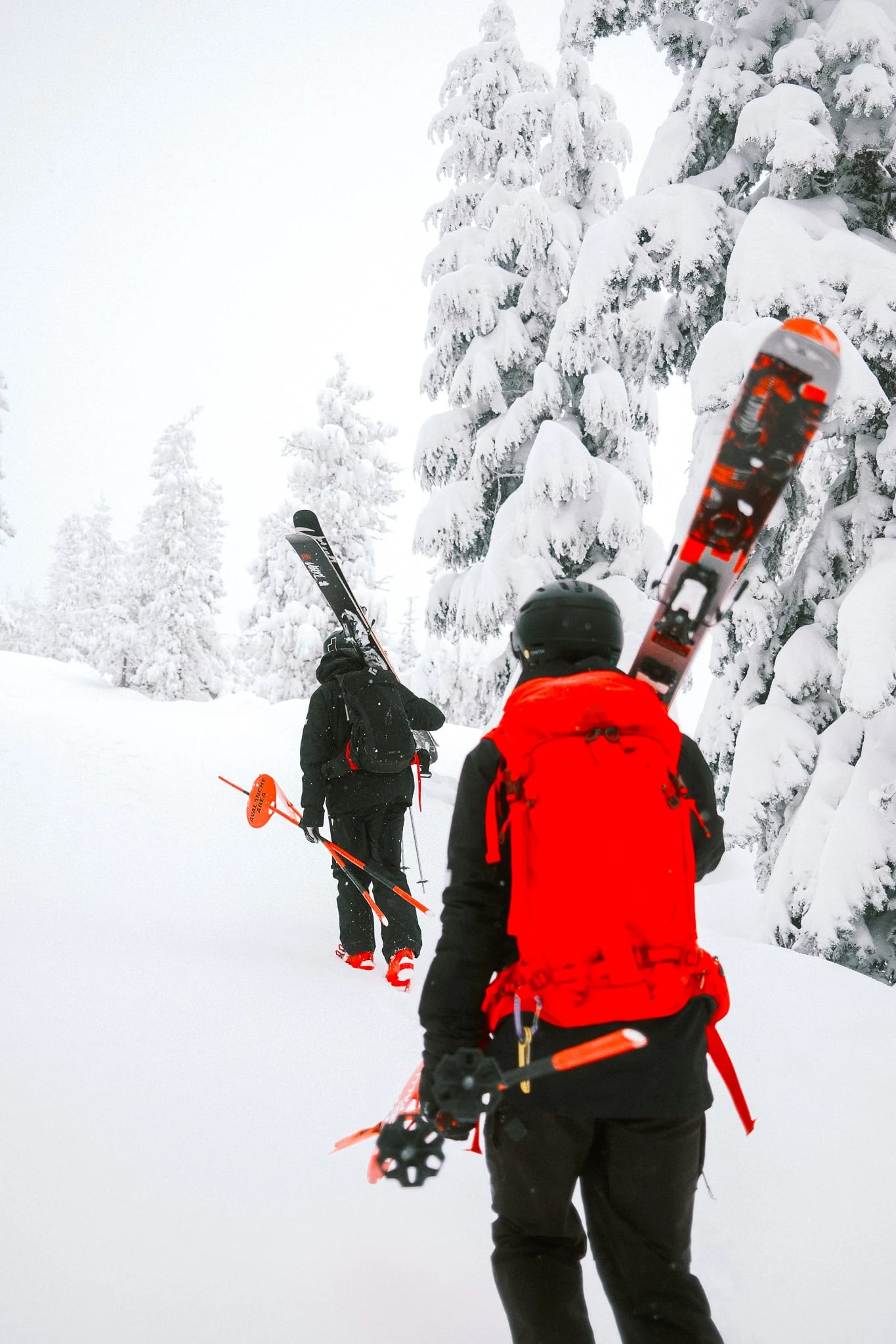 A skier in a red jacket carries skis uphill.